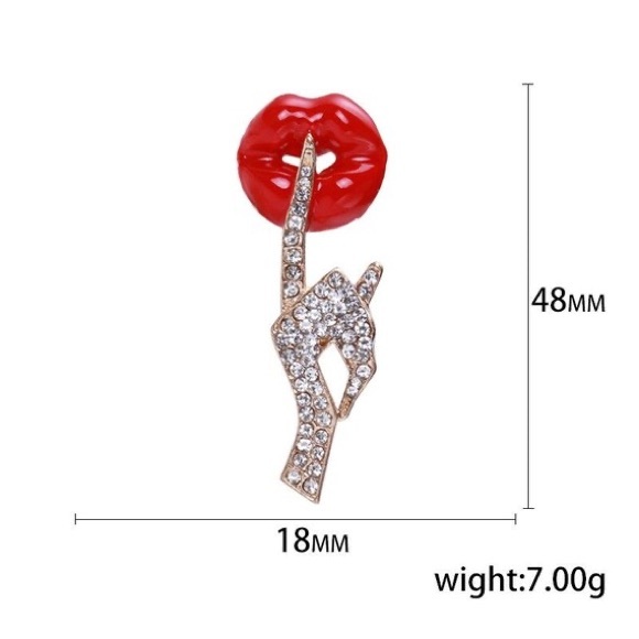 Rhinestone Hand Enamel Lip Brooches Women Sexy Secret Pose Casual Brooch. - Picture 8 of 8